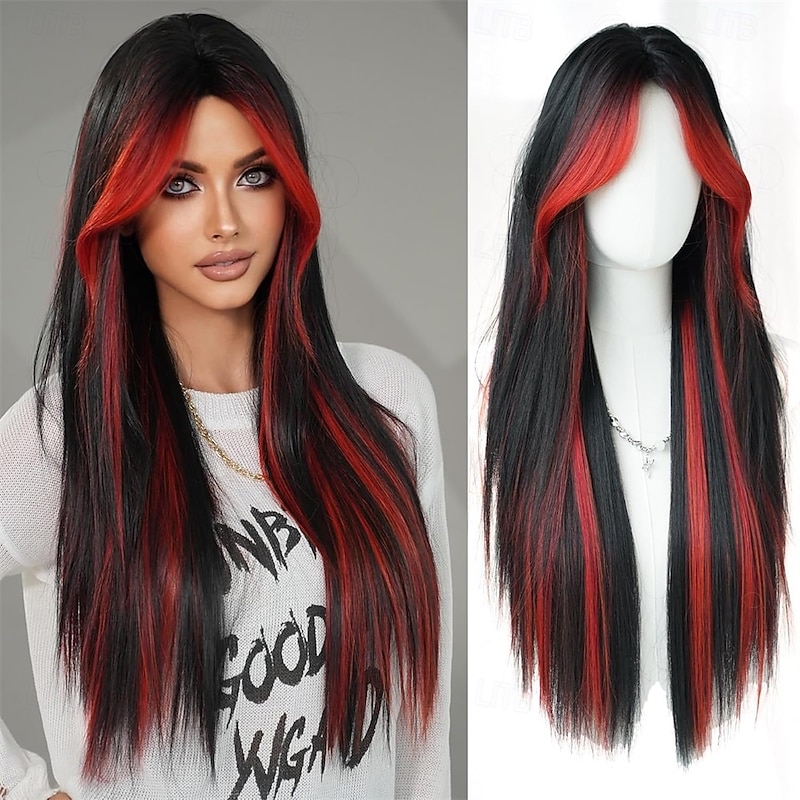 31in Ombre Red Black Long Straight Highlight Wigs with Curtain Bangs Natural Heat Resistant Synthetic Fiber Layered Highlight Midlle Part Women Wigs for Chrismas Daily Party Daily Used