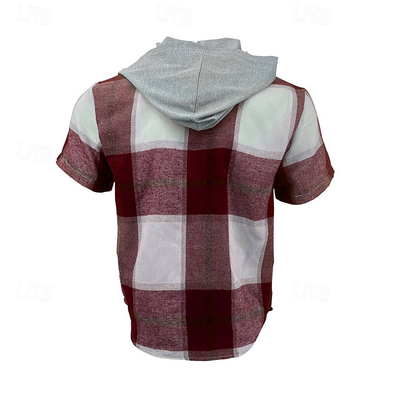 Men's Shirt Summer Shirt Casual Shirt Beach Shirt Button Up Shirt Red Blue Brown Green Short Sleeve Plaid Hooded Vacation Hawaiian Pocket Clothing Apparel Polyester Fashion Casual Comfortable3