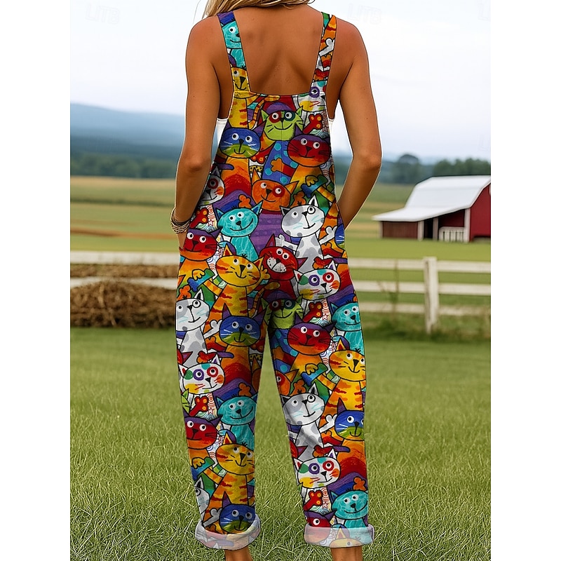 Women's Dungarees Active Graphic Sleeveless Wide Leg Print Vacation Street Loose Fit Yellow Red Blue Summer2