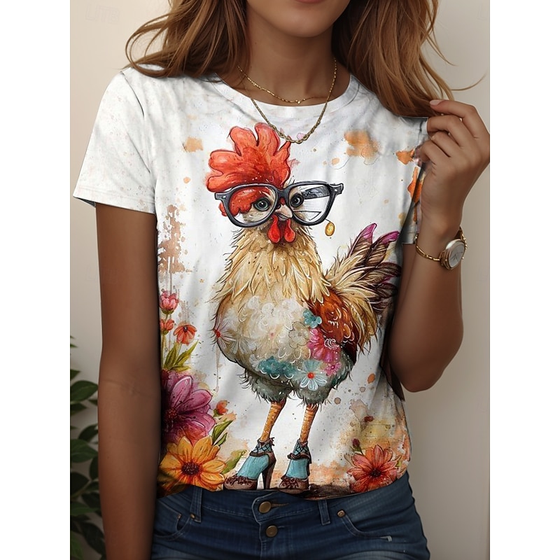 Women's T Shirt Graphic Animal Vintage Stylish Classic Short Sleeve Crew Neck Regular Tops Daily Weekend Print Yellow Orange Green Khaki Light Grey Summer