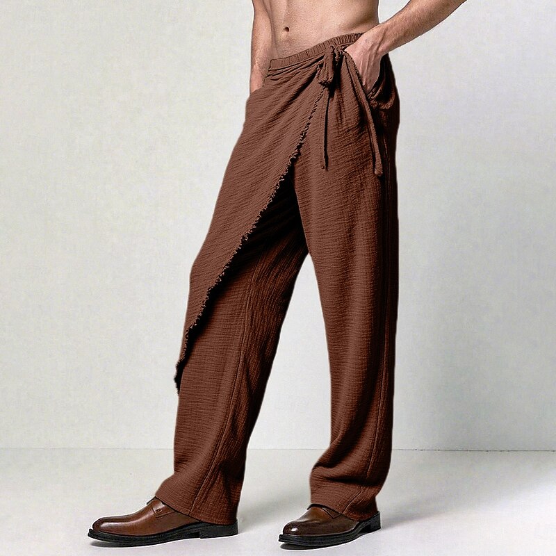Men's Linen Pants Trousers Summer Pants Drawstring Elastic Waist Straight Leg Plain Comfort Breathable Full Length Outdoor Casual Daily Vacation Fashion White Brown Inelastic4