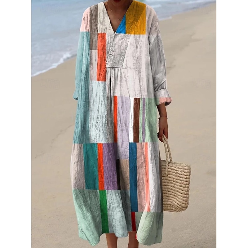Women's Midi Dress V Neck Long Sleeve Kaftan Lightweight Loose Fit A Line Dress Casual Boho Going out Graphic Geometric Stripe Long Sleeve V Neck Black Yellow Pink Red Fall4