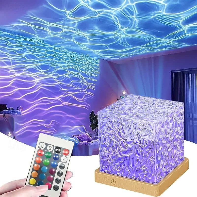 USB Rotating Water Wave Light Projector Remote Control Bedroom Table Lamp Crystal Night Lamp 16 Color RGB Desktop Lamp for Game Room Bedroom Christmas/Halloween Party Decoration