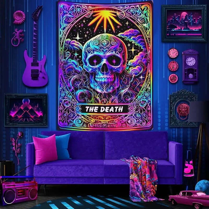 Halloween Blacklight Wall Tapestry – UV Reactive Tarot Card 'The Death' with Skull, Neon Colors Psychedelic Gothic Scene, Spiritual Backdrop for 2025 Halloween Meditation Room Decoration4