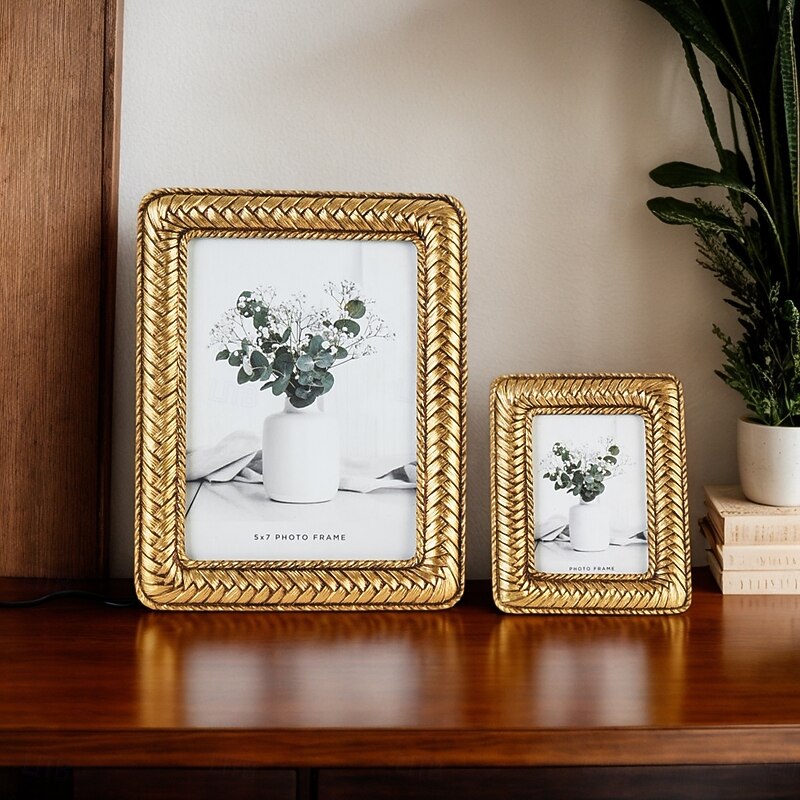 Modern Resin Photo Frame with Gold Woven Pattern Border, Decorative Tabletop Picture Frame for Bedroom, Office, Living Room, Available in Multiple Styles for Home and Desk Decor