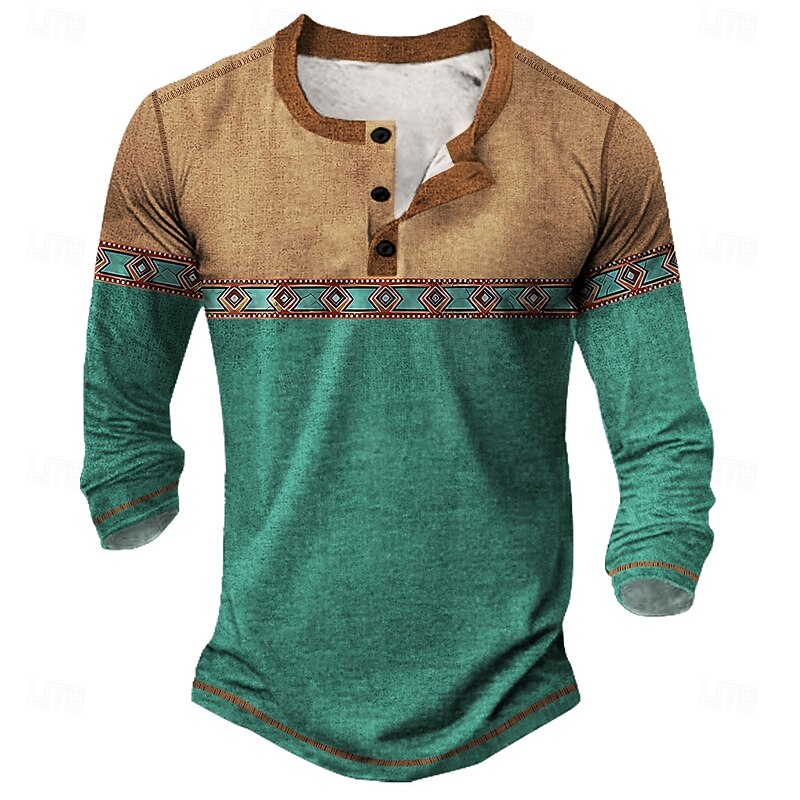 Men's Graphic Geometric Ethnic Henley Shirt Tee Long Sleeve Vintage Fashion Designer Outdoor Casual Daily Fall Spring &  Fall Deep Green Dark Brown Milk Green Henley Henley T-Shirt3