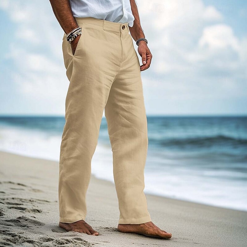 Men's Linen Pants Trousers Dress Pants Summer Pants Baggy Pants Front Pocket Straight Leg Plain Comfort Breathable Full Length Formal Business Holiday Vacation Fashion White Navy Blue Inelastic3