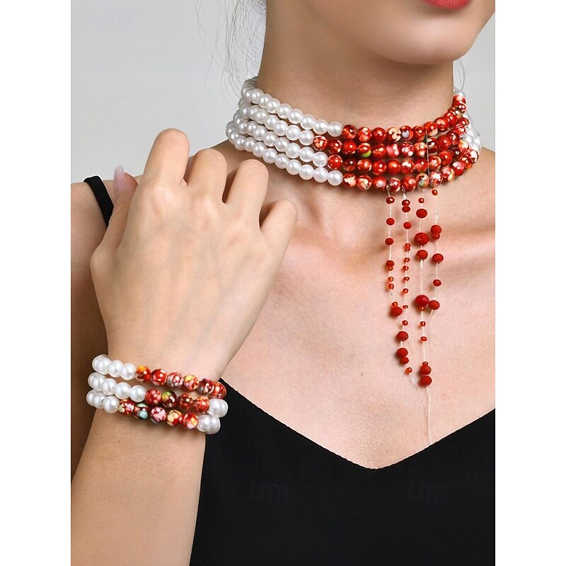 Women's Halloween Blood Drip Jewelry Set – Pearl and Red Bead Choker, Bracelet and Earrings for Costume Parties and Spooky Events