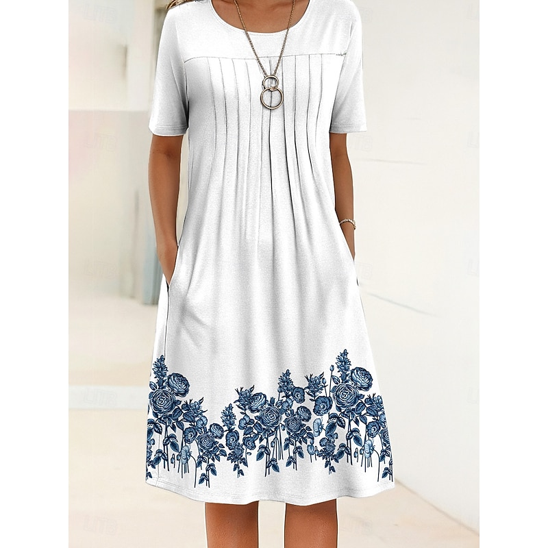 Women's Midi Dress Shift Dress Summer Dress Vacation Casual Daily Regular Fit Floral Graphic Abstract Half Sleeve Crew Neck White Blue Sky Blue Light Grey Summer Spring4