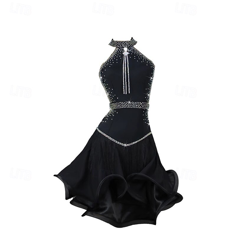 Latin Dance Dress Rhinestone Tassel Splicing Women's Performance Training Sleeveless Chinlon3