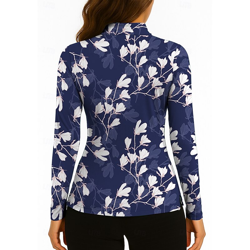 Women's Floral Tops Golf Polo Shirt Tennis Shirt Long Sleeve Print Quarter Zip Pullover UV Protection Elastic Breathable Tennis Golf Pickleball Stand Collar Zip Collar Shirt Polo Blue and White2