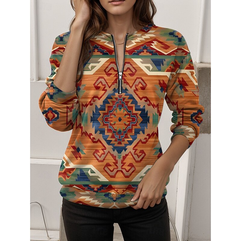 Women's Pullover Sweatshirt Zip Up Sweatshirts Graphic Geometric Casual Long Sleeve Crew Neck Regular Tops Street Dailywear Zipper Print Yellow Red Blue Orange Fall Winter3