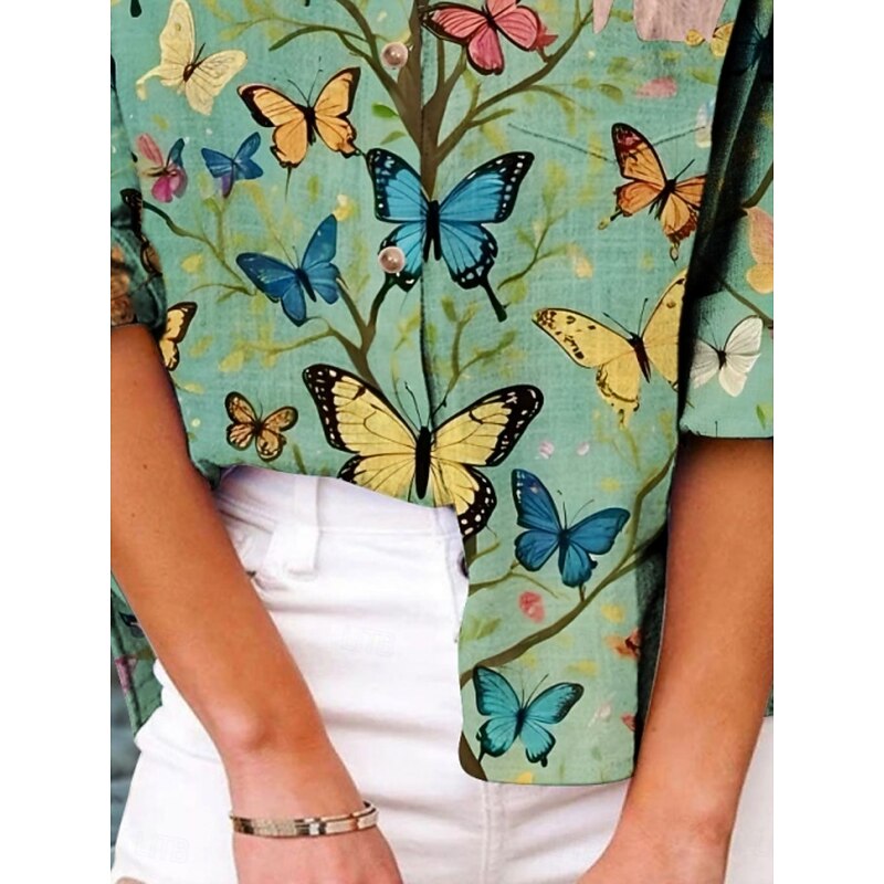 Women's Shirt Butterfly Active Daily Stylish Long Sleeve Shirt Collar Regular Tops Daily Holiday Buttons Print Green Summer Spring Fall2