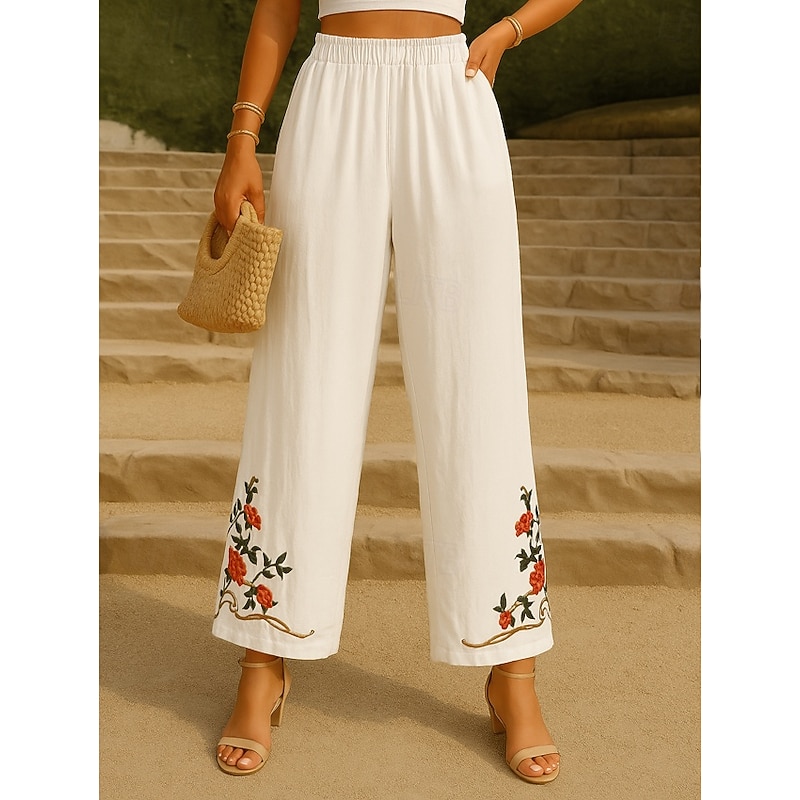 Women's Cotton Linen Pants Chinos Ethnic Style Basic Casual Full Length High Waist Floral Embroidered Pocket Elastic Waist Comfort Outdoor Micro-elastic Vacation Street Daily Khaki Beige Summer