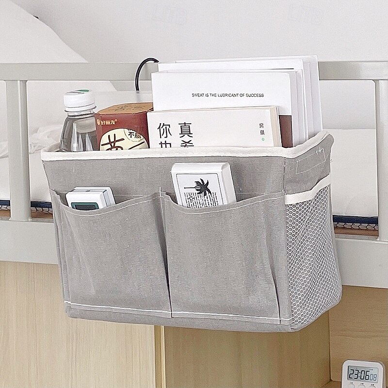 Bedside Caddy Organizer with Fixed Straps, Back to School Dorm Storage Hanging Pocket, Cotton Linen Bedside Storage Basket for College Students, Bedside Hanging Organizer for Misc Items3