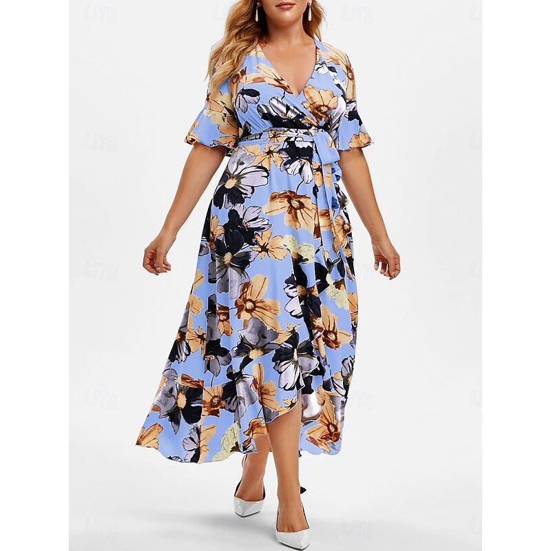 Women's Plus Size Casual Dress Floral V Neck Short Sleeve Summer Spring Elegant Fashion Modern Casual Maxi long Dress Daily Holiday Dress