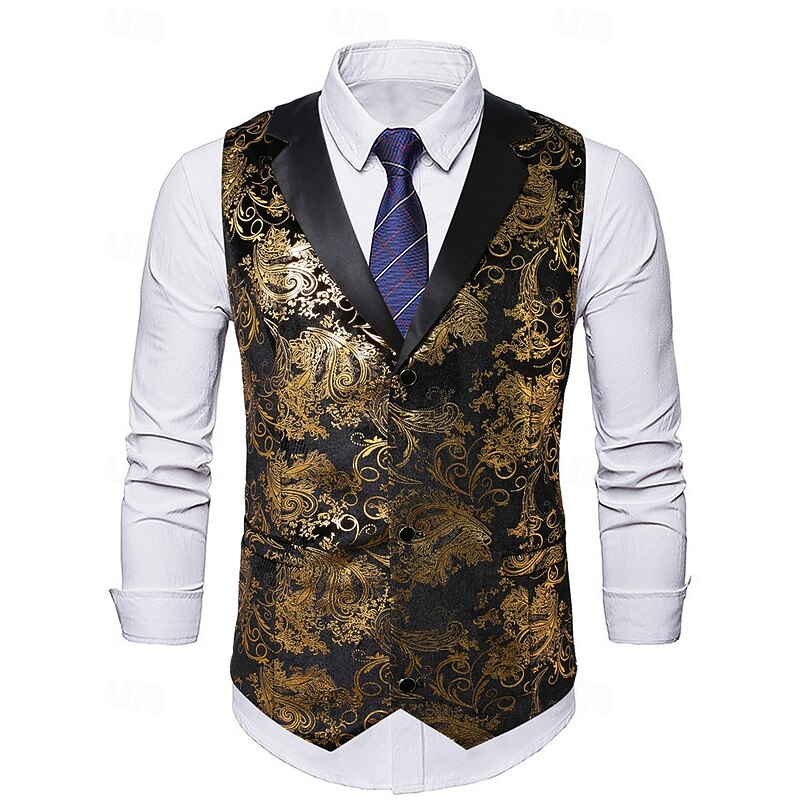 Men's Vest Waistcoat Gilet Vacation Party Business Fashion Casual Summer Spring Buttons Polyester Comfortable Gilding Single Breasted One-button Lapel Regular Fit Gold Vest2