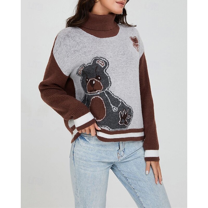 Women's Pullover Casual Color Block Chunky Turtleneck Knitted Long Sleeve Regular Tops Knit Daily Holiday Going out Wine Fall Winter3