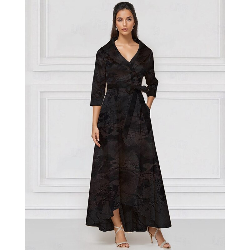 Jacquard Brocade A-Line Mother of the Bride Evening Gown Elegant Dress Formal Wedding Guest Floor Length Long Sleeve V Neck Pocket Nylon with Bow(s) Strappy4