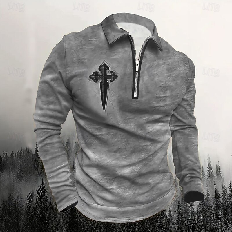 Male Graphic Cross Polo Long Sleeve Turndown Vintage Style Casual Sports & Outdoor Athleisure Casual Daily Zipper 3D Print Spring Fall Winter Dark Grey Blue Brown4