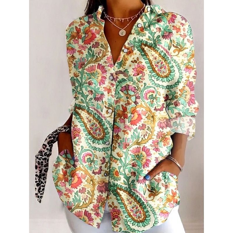 Women's Shirt Button Down Tunic Shirt Collar Long Sleeve Graphic Leaves Elegant Vintage Tropical Regular Tops Work Daily s Print Pink Orange Green Spring Fall3