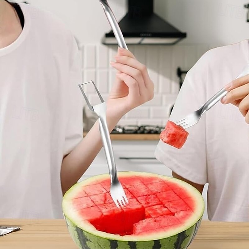 2pcs Watermelon Slicer 2-In-1 Stainless Steel Fruit Slicer 2025 Double Headed Watermelon Fork Slicing Tool Summer Fruit Cutting Household Kitchen Small Tool3