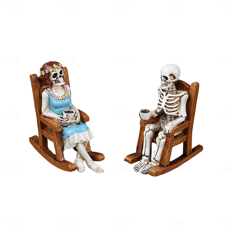 Halloween Resin Rocking Chair Skeleton Couple Figurine, Spooky Coffee Time Skeletons Decoration for Outdoor Yard, Planter, and Home Display3