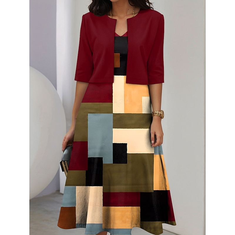 Women's Two Piece Dress Sets Midi Dress with Jacket Elegant A Line Dress Half Sleeve Casual Semi Formal Graphic Geometry Print V Neck Date Black Wine Green Spring Fall Regular Fit2