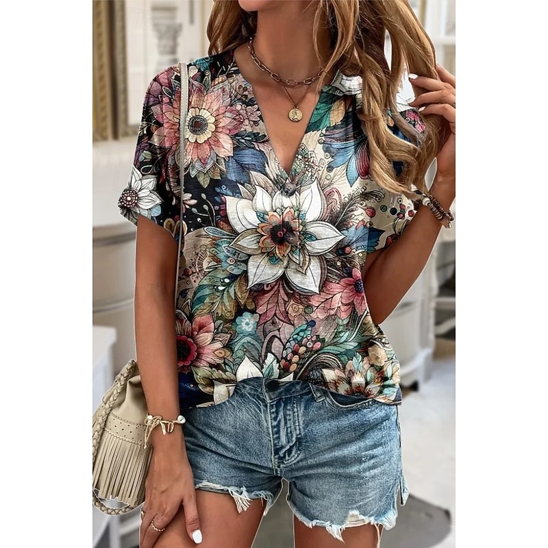 Women's T Shirt Floral Graphic Plants Vintage Stylish Classic Short Sleeve V Neck Notched Neck Regular Tops Daily Going out Weekend Print Red Light Brown Dark Green Green Dark Gray Summer Spring2