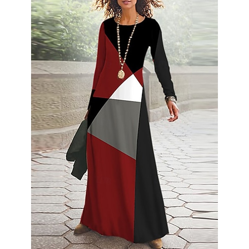 Women's Maxi Dress Vintage Bohemian A Line Dress Crew Neck Long Sleeve Casual Daily Regular Fit Graphic Geometric Black Red Orange Spring Fall Winter