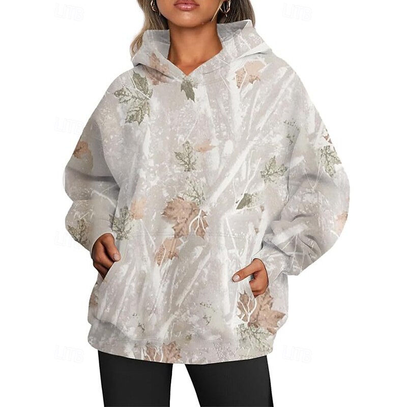 Women's Pullover Hoodie Sweatshirt Floral Streetwear Casual Long Sleeve Hooded Regular Tops Street Holiday Going out Pocket Print White Orange Green Khaki Light Grey Fall Winter2