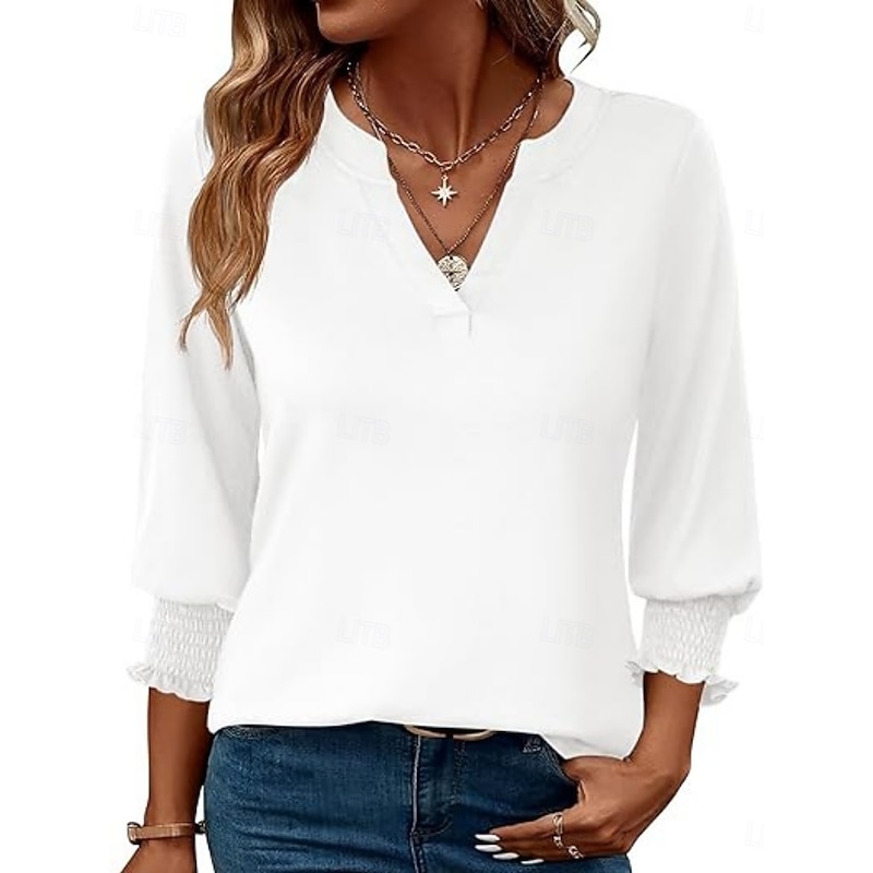 Women's Blouse Solid Color Stylish Casual 3/4 Length Sleeve V Neck Regular Tops Daily Print Black White Green Summer Spring Fall