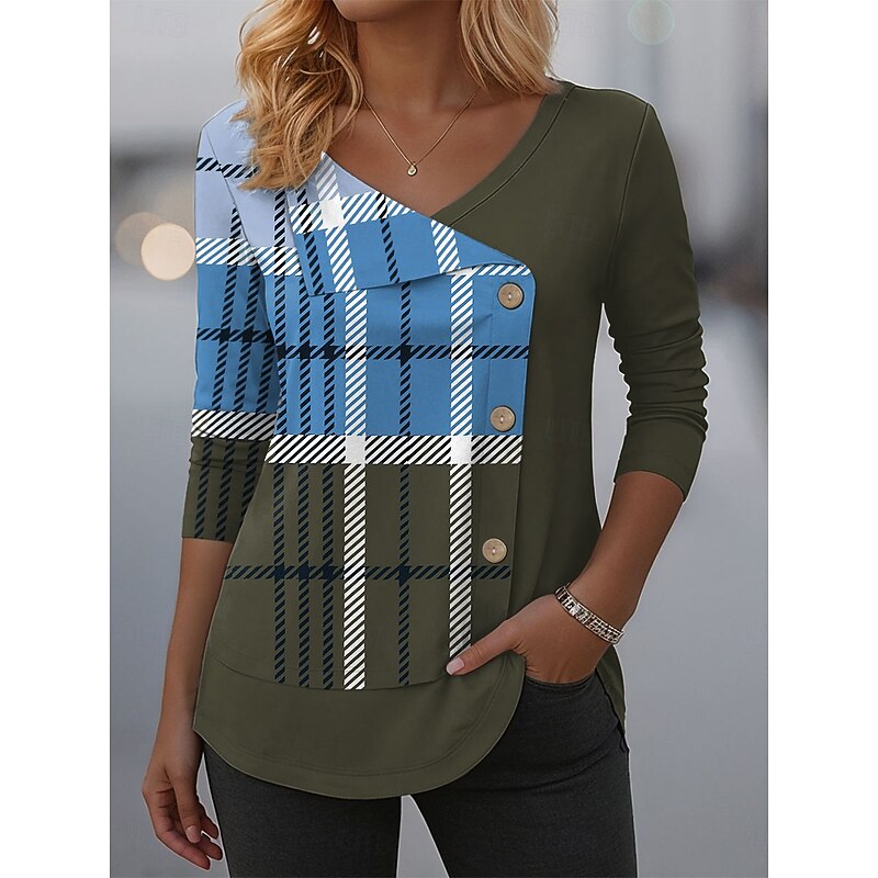 Women's Blouse Tunic V Neck Long Sleeve Buttons Graphic Geometric Plaid Fashion Casual Crew Neck Regular Tops Daily Patchwork Print Red Blue Orange Green Spring Fall Winter2