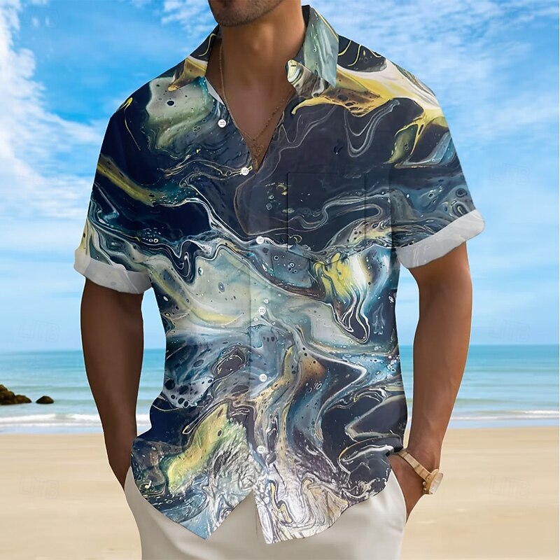 Men's Geometric Marble Abstract Art Shirt Summer Shirt Button Up Shirt Short Sleeve Fashion Casual Outdoor Vacation Dailywear Summer Spring Turndown 3D Print Collared Shirts Front One Pocket Green