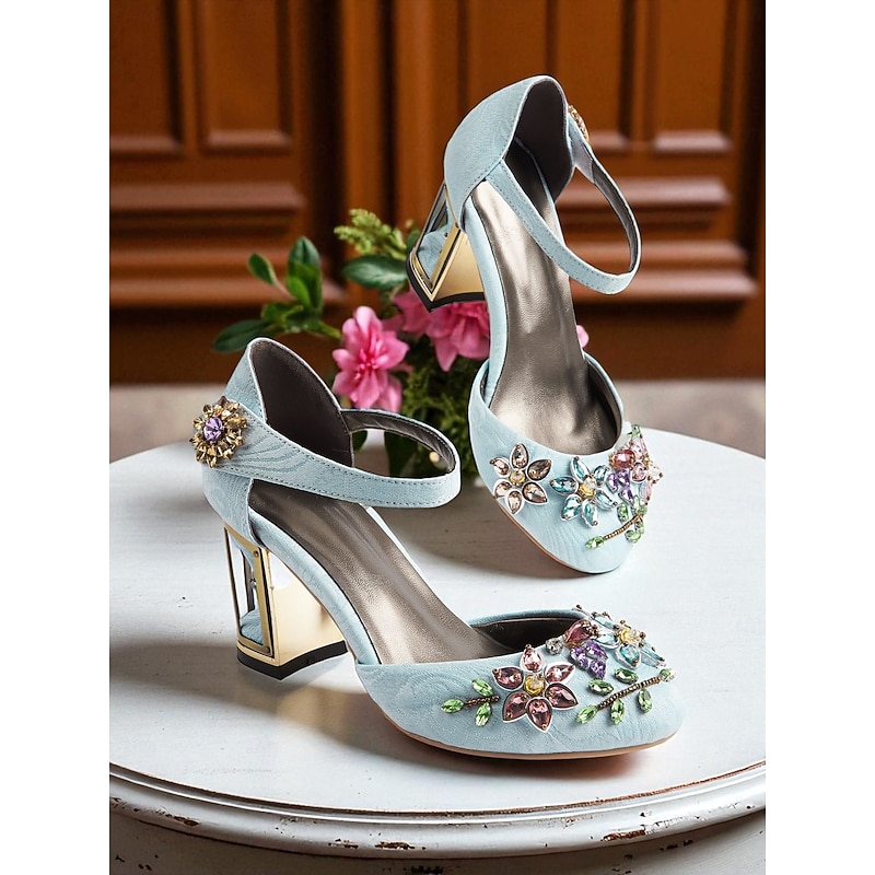 Women's Light Blue Chunky Heel Dress Shoes with Gemstone Floral Embellishments - Elegant Vintage-Inspired Ankle Strap Pumps for Ladies, Ideal for Weddings, Garden Parties, and Medieval Fantasy-Themed2