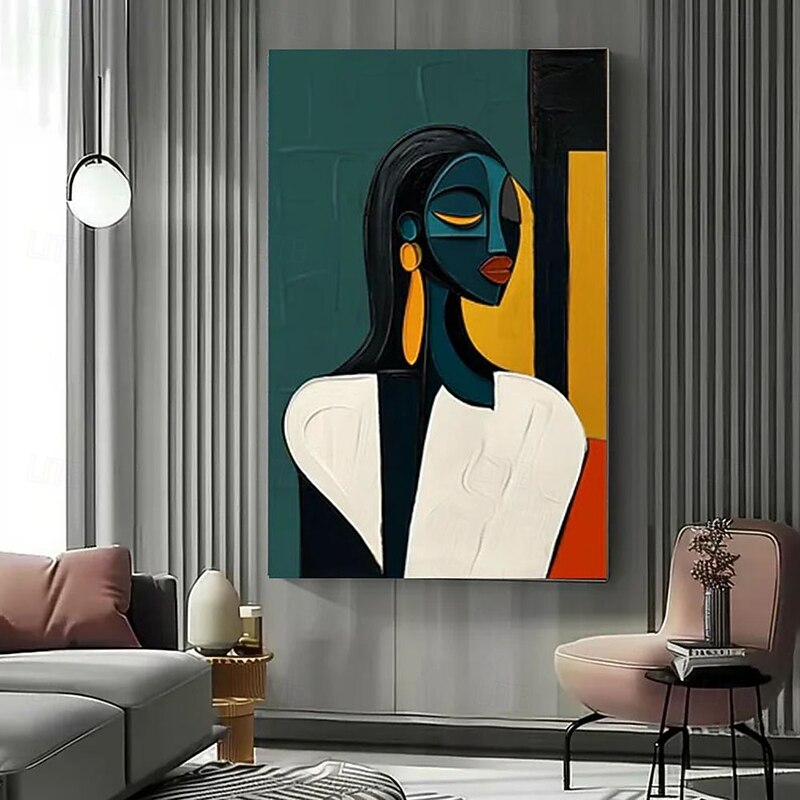 Handmade Modern Abstract Portrait painting hand painted with Bold Chromatic Contrast - Geometric oil paintings  Feminine Figure in Cobalt  Gold firgure for Contemporary Interior Accent Painting4