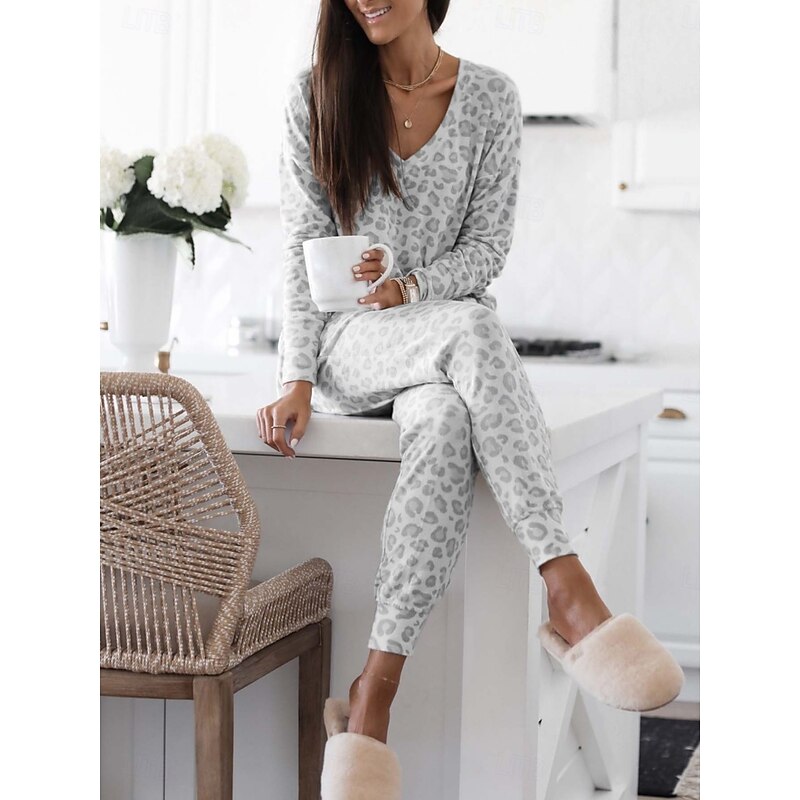 Women's Pajama Set Casual Comfort Leopard Elastic Waist T Shirt Pant Home Daily Long Sleeve V Neck Pink Blue Gray Summer Spring Fall Regular Fit3