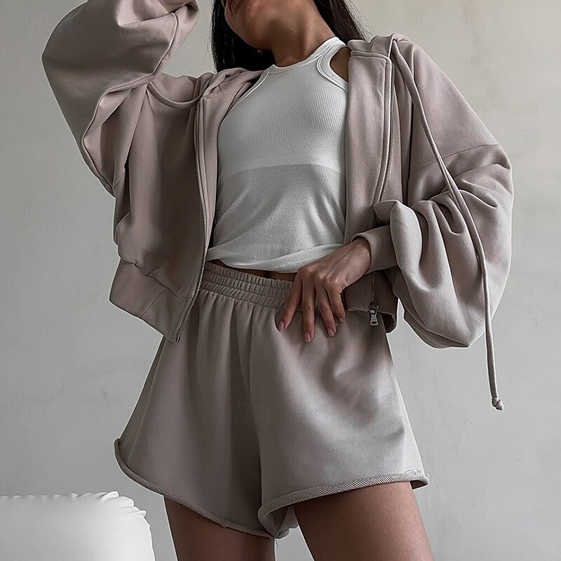 Women's Tracksuit Zip Up Hoodie Short Sweatpant Drawstring Pocket Solid Colored Clothing Suit Spring Black Army Green Gym Training Running High Waist Windproof Lightweight Moisture Wicking Long Sleeve