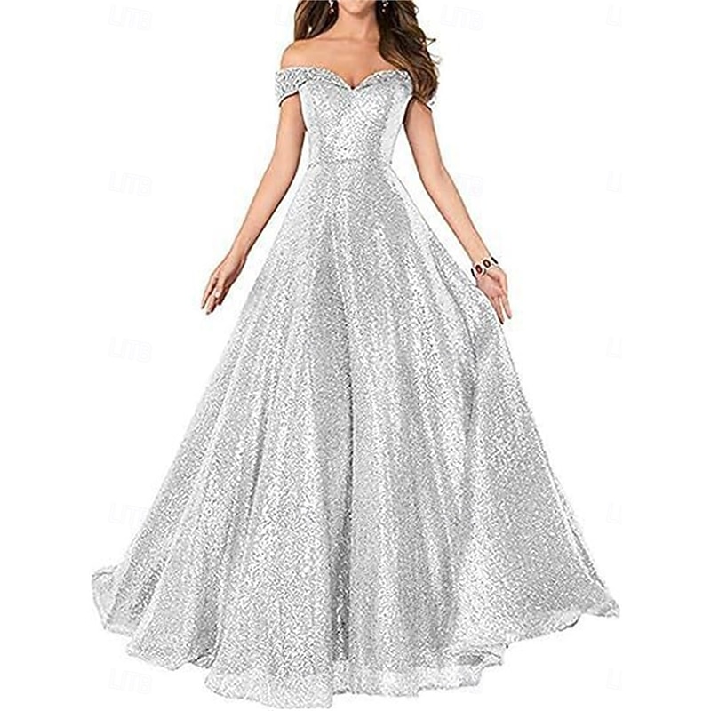 A-Line Evening Gown Elegant Dress Formal Performance Floor Length Short Sleeve Off Shoulder Sequined Backless with Pleats4