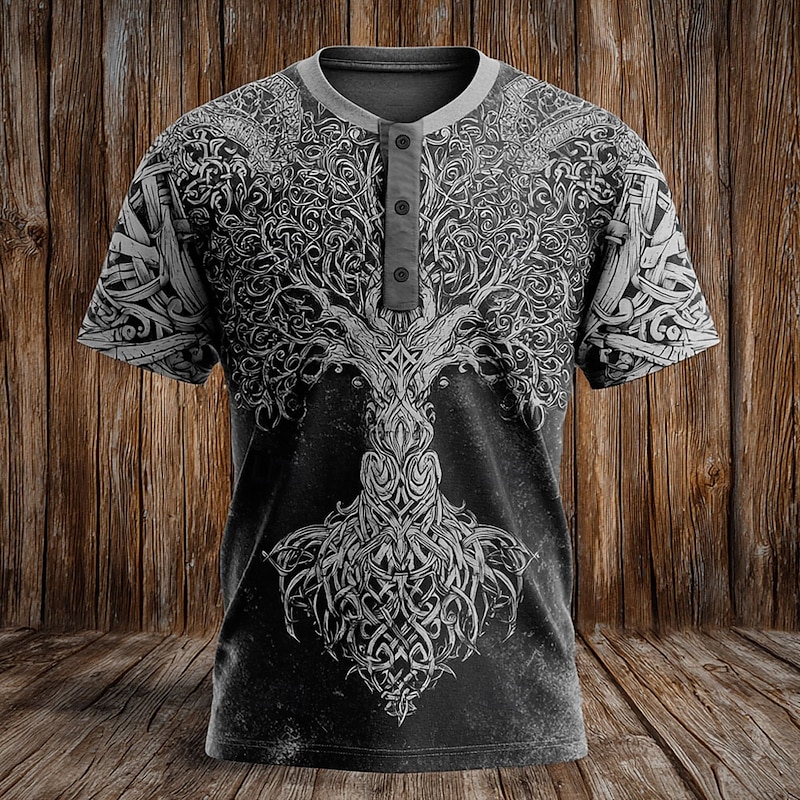 Men's Graphic Christmas Tree T Shirt Henley Shirt Short Sleeve Viking Designer Retro Vintage Street Casual Daily Summer Spring All Seasons Dark-Gray Black Navy Blue Dark Brown Henley Henley T-Shirt4