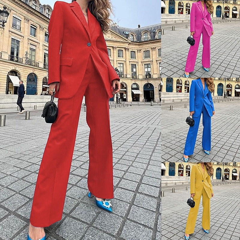 Women's Active Fashion Blouse Blazer Pants Sets Long Sleeve Shirt Collar Solid Color Office Work Going out Yellow Red Blue Fall Regular Fit