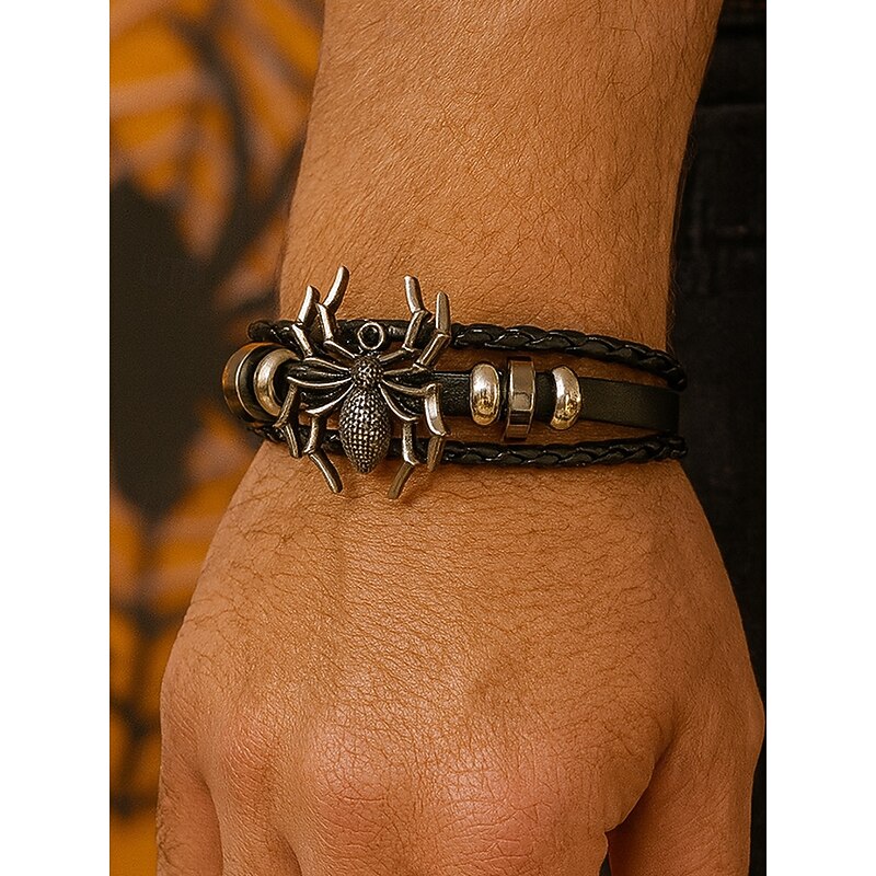 Men's Halloween Spider Bracelet – Gothic Faux Leather Braided Wristband with Alloy Spider Charm, Adjustable Punk Style Jewelry for Party, Cosplay and Nightclub Events