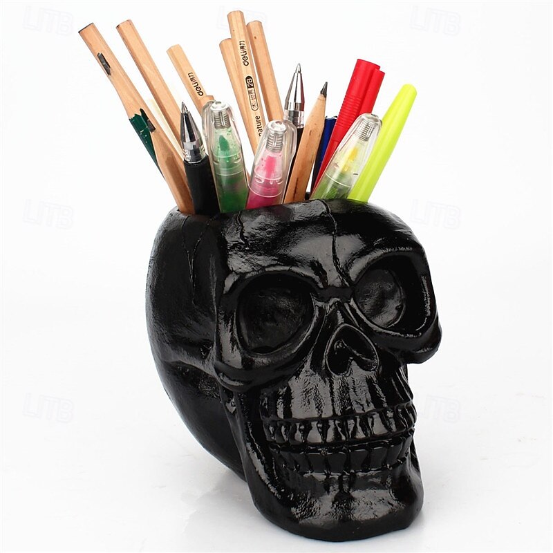 Halloween Resin Figurine Skull Storage Organizer Makeup Brush Holder Resin Sculpture Unique Cultural Desk Pen Holder Home Office Stationery Container4
