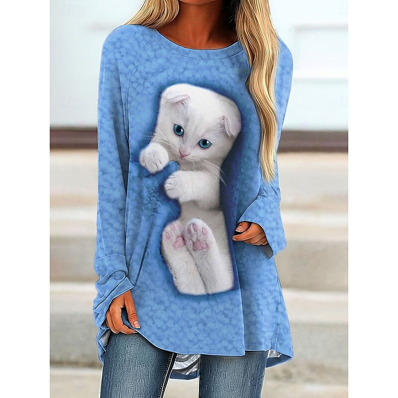 Women's T Shirt Graphic Animal Cat Vintage Cute Stylish Long Sleeve Crew Neck Round Neck Long Tops Daily Print White Pink Blue Spring Fall3