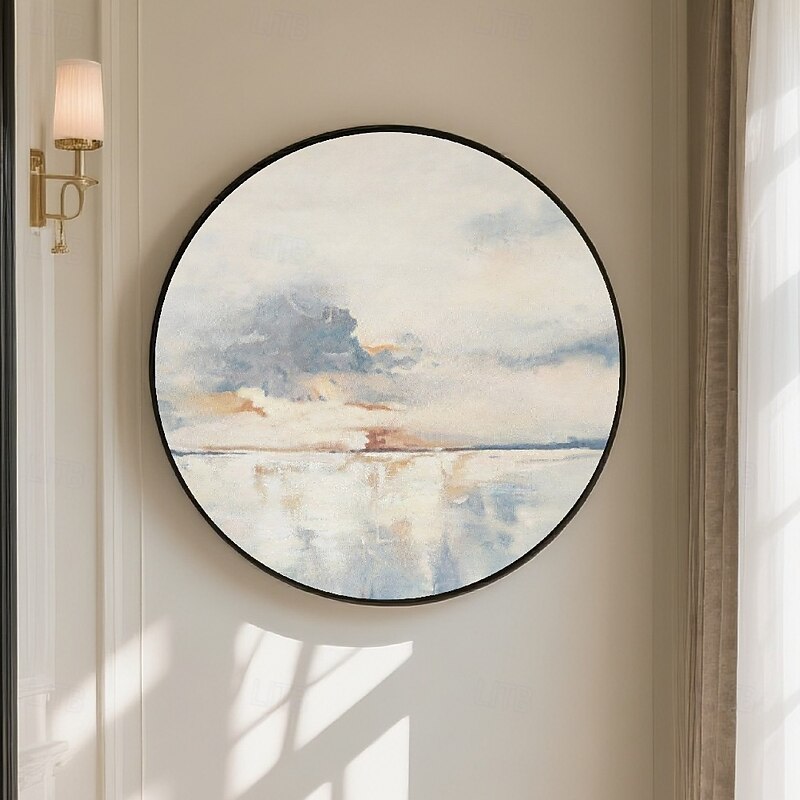 Handmade Circular Oil Painting Abstract Ocean Seascape Soft Clouds Misty Sky Reflection Textured 3D Brushstrokes Blue White Gray Terracotta Modern Wall Art Ready To Hang Include Inner Frame3