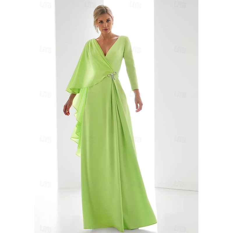 Chiffon A-Line Evening Gown Elegant Wedding Guest Dress Formal Floor Length Long Sleeve V Neck with Slit