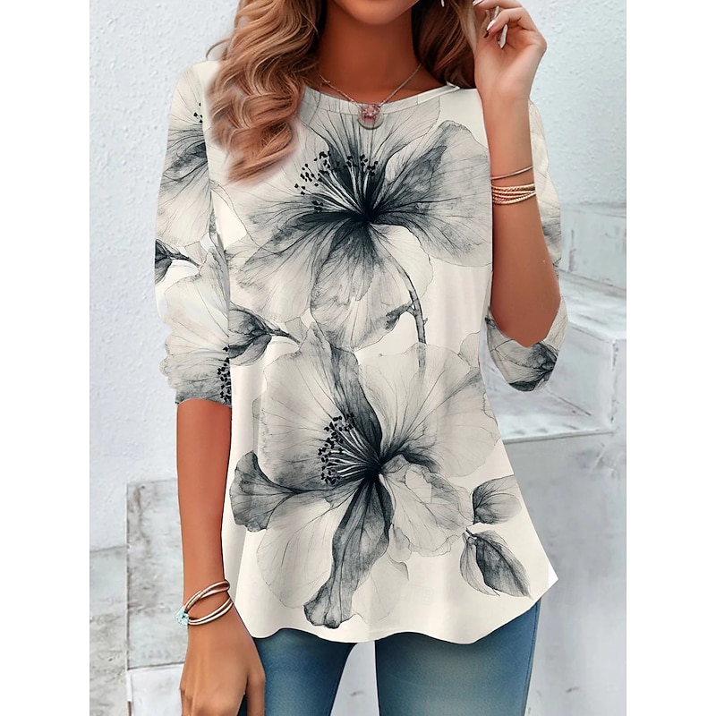 Women's T shirt Long Sleeve Crew Neck Long Sleeve Tunic Floral Graphic Plants Casual Round Neck Regular Tops Daily Print White Blue Beige Fall Prefall
