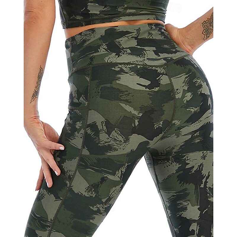 Women's Capri Leggings Yoga Leggings with Pockets Tummy Control High Waist Gym Athletic Pilates Bottoms Printing Black Army Green Green Fall Sports Activewear Tight Fit2