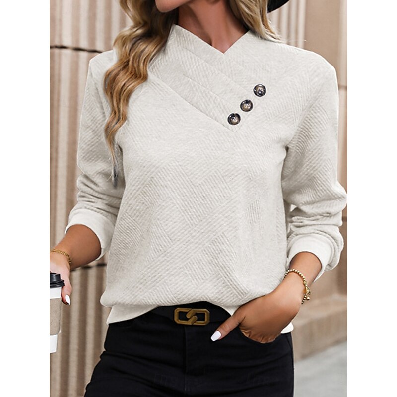 Women's Pullover Sweatshirt Plain Casual Long Sleeve V Neck Regular Tops Street Dailywear Buttons Black White Beige Fall Winter2