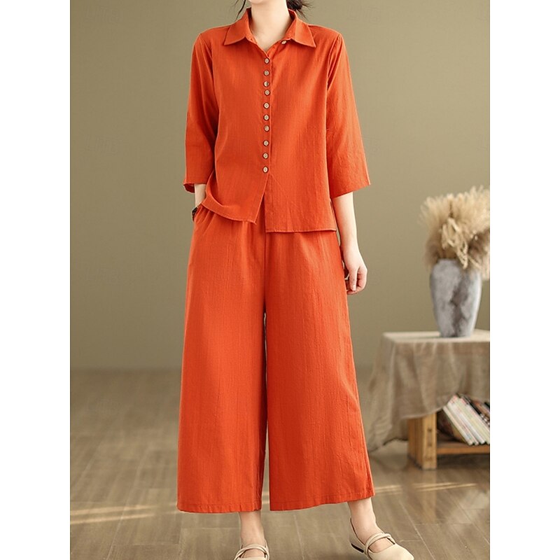 Women's Elegant Fashion Streetwear Cotton Linen Sets 3/4 Length Sleeve Shirt Collar Solid Color Outdoor Work Casual Orange Brown Khaki Summer Regular Fit2